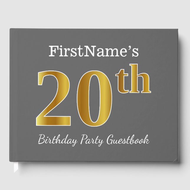 Libro De Visitas Gris, Faux Gold 20th Birthday Party + Nombre perso (Anverso)