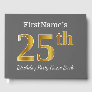 Libro De Visitas Gris, Faux Gold 25th Birthday Party + Nombre perso