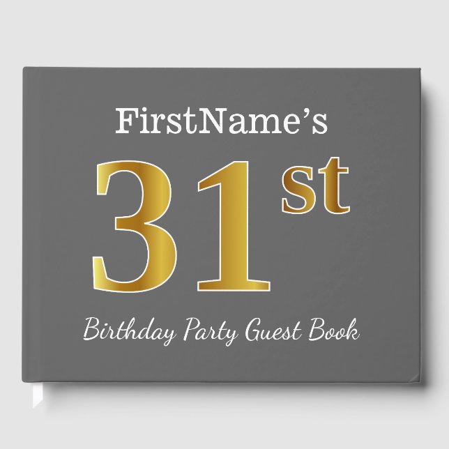 Libro De Visitas Gris, Faux Gold 31st Birthday Party + Nombre perso (Anverso)