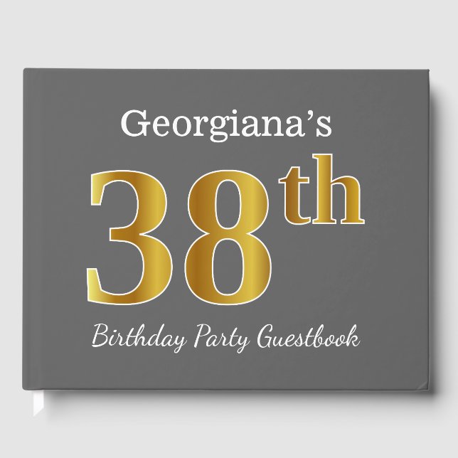 Libro De Visitas Gris, Faux Gold 38th Birthday Party + Nombre perso (Anverso)