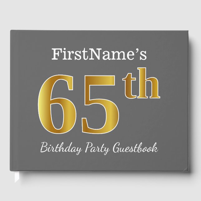 Libro De Visitas Gris, Faux Gold 65th Birthday Party + Nombre perso (Anverso)
