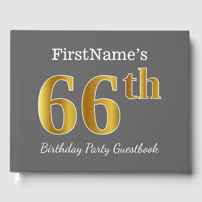Libro De Visitas Gris, Faux Gold 66th Birthday Party + Nombre perso (Anverso)