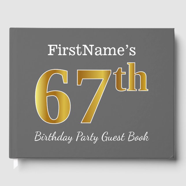 Libro De Visitas Gris, Faux Gold 67th Birthday Party + Nombre perso (Anverso)