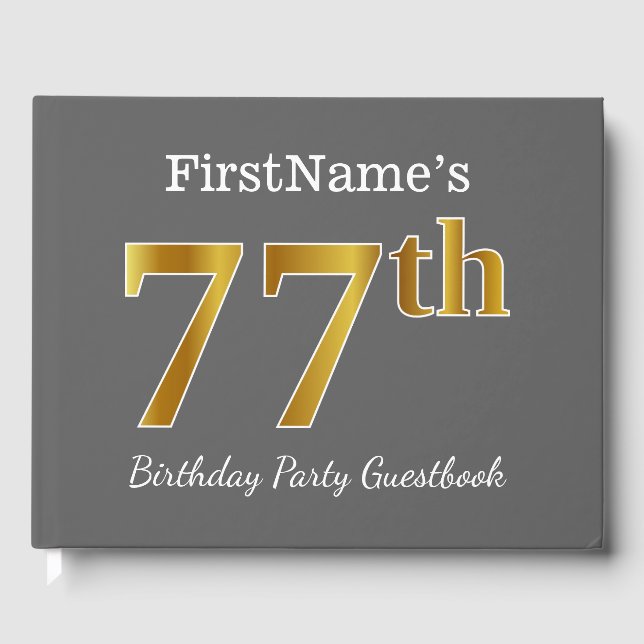 Libro De Visitas Gris, Faux Gold 77th Birthday Party + Nombre perso (Anverso)