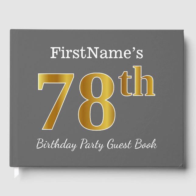 Libro De Visitas Gris, Faux Gold 78th Birthday Party + Nombre perso (Anverso)