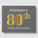 Libro De Visitas Gris, Faux Gold 80th Birthday Party   Nombre perso<br><div class="desc">El diseño de este libro de huéspedes incluye el número ordinal "80" con un aspecto de imitación de oro. También tiene un nombre personalizado y un fondo de color gris (gris). Se podría usar en una fiesta de cumpleaños para alguien que esté celebrando su ochenta cumpleaños. [~Z0000193]</div>