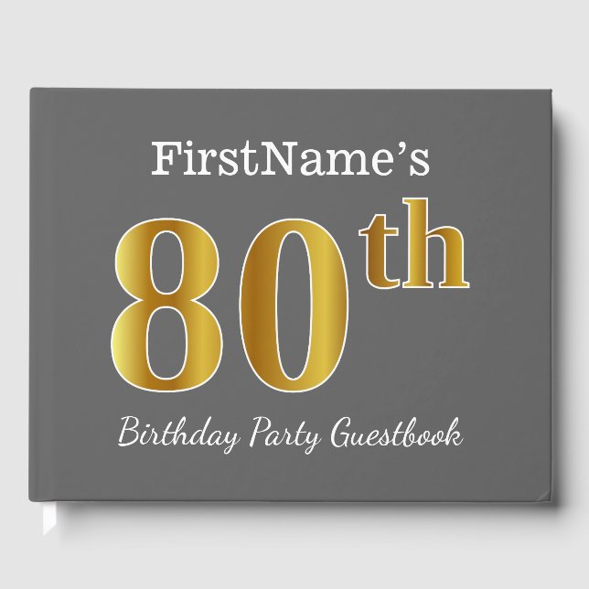 Libro De Visitas Gris, Faux Gold 80th Birthday Party + Nombre perso (Anverso)