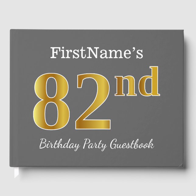 Libro De Visitas Gris, Faux Gold 82nd Birthday Party + Nombre perso (Anverso)