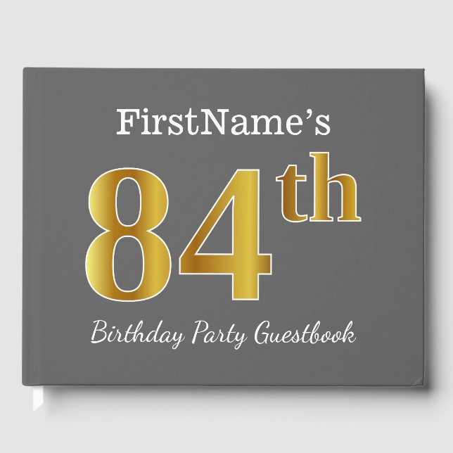 Libro De Visitas Gris, Faux Gold 84th Birthday Party + Nombre perso (Anverso)