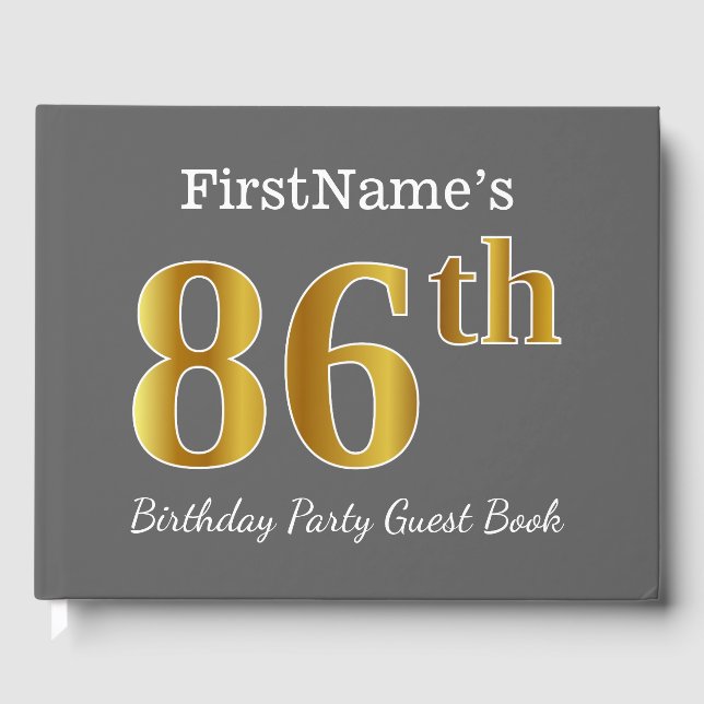 Libro De Visitas Gris, Faux Gold 86th Birthday Party + Nombre perso (Anverso)