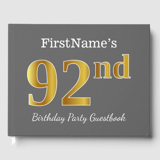 Libro De Visitas Gris, Faux Gold 92nd Birthday Party + Nombre perso (Anverso)