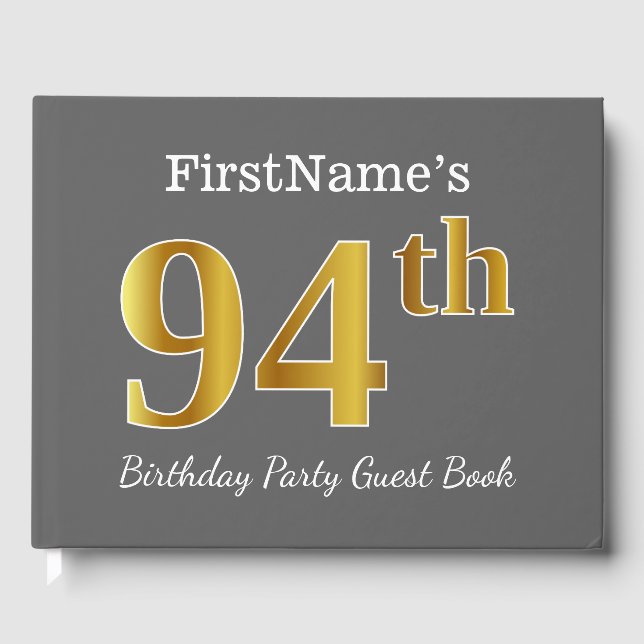 Libro De Visitas Gris, Faux Gold 94th Birthday Party + Nombre perso (Anverso)