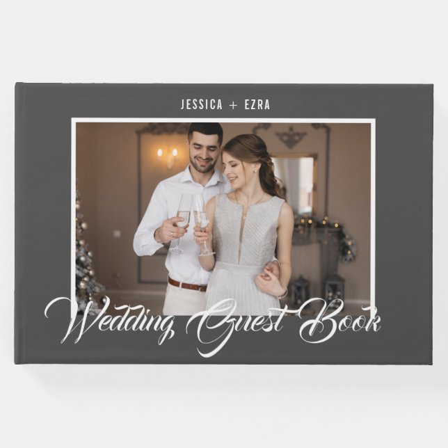 Libro De Visitas Gris y blanco de guión elegante | Foto (Anverso)