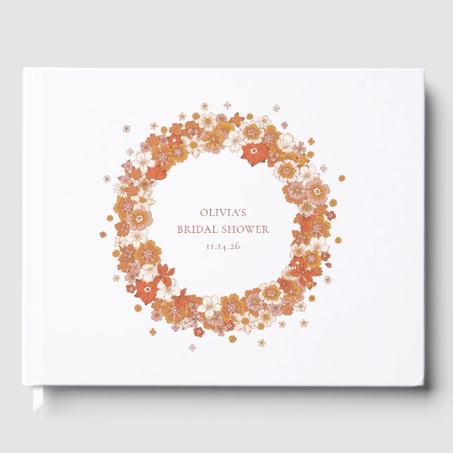 Libro De Visitas Groovy Boho Naranja Floral Bridal Shower Personali (Anverso)