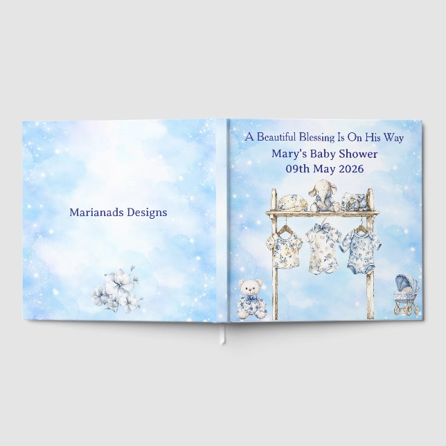 Libro De Visitas Guest Book-Editable Blue Chinoiserie Baby Shower  (Lleno)
