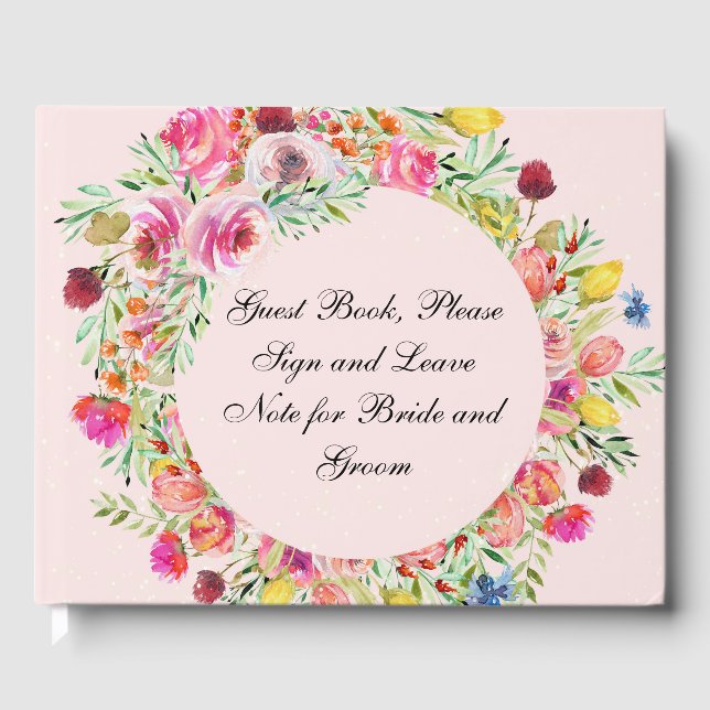 Libro De Visitas Guest Book with Pink Floral Wreath (Anverso)