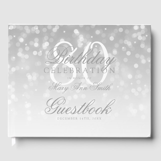 Libro De Visitas Guestbook 80th Birthday Silver Bokeh Sparkle Light (Anverso)