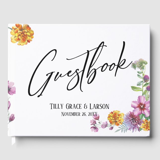 Libro De Visitas Guestbook simple de flores silvestres y escritura  (Anverso)