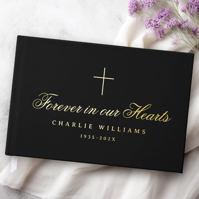 Libro De Visitas Guión caligráfico para siempre en nuestro funeral  (Calligraphy script forever in our hearts funeral foil guest book)