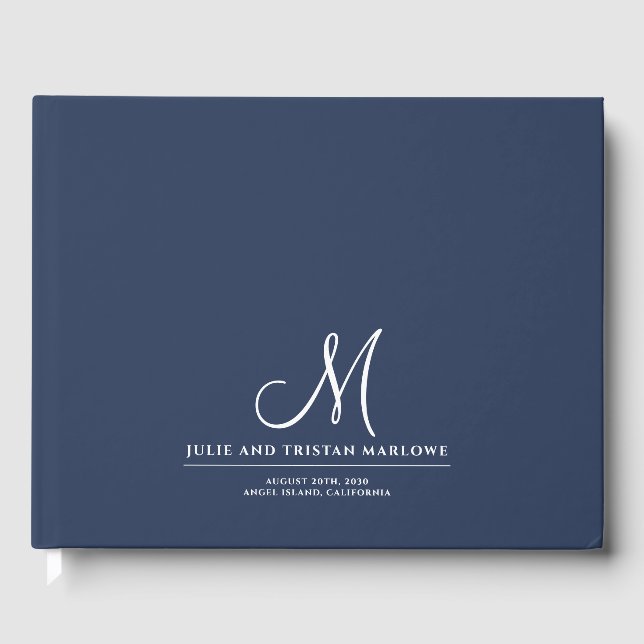 Libro De Visitas Guión de moda Boda inicial Monograma Marina Azul (Anverso)