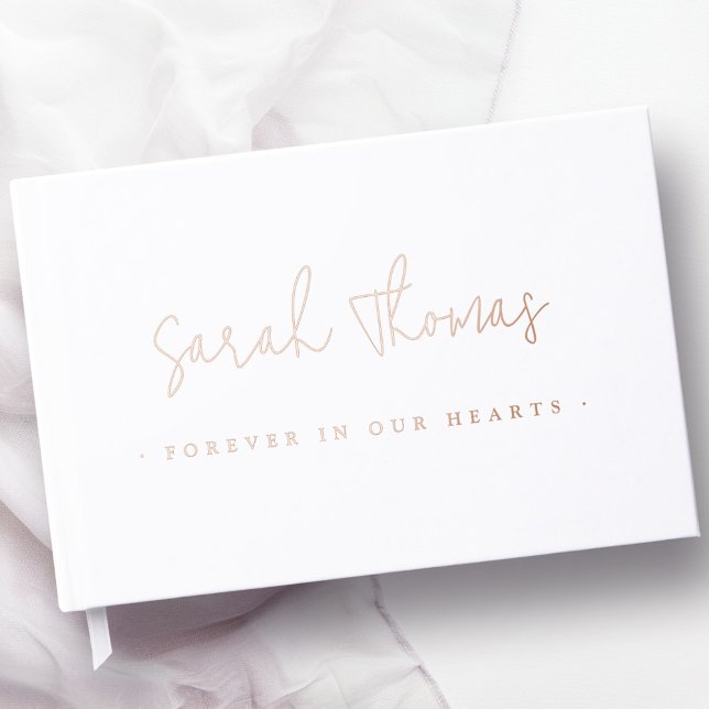 Libro De Visitas Guión elegante para siempre en nuestros corazones  (Elegant script forever in our hearts funeral white foil guest book)