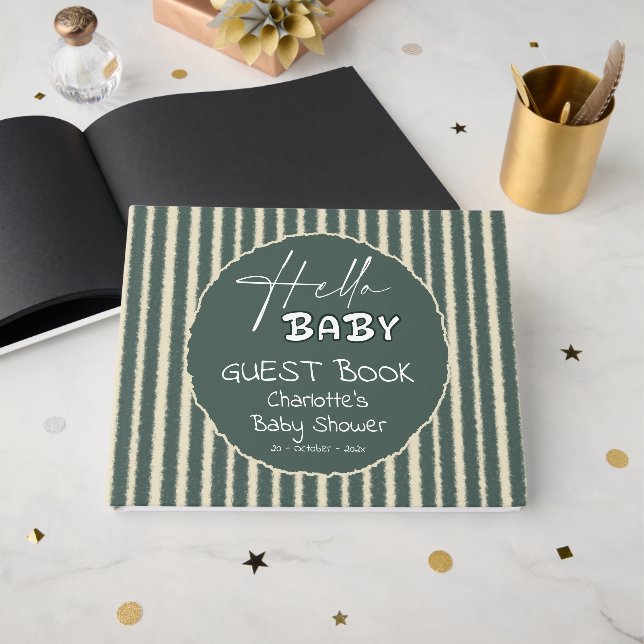 Libro De Visitas Hello Baby Dark Green Stripes Baby Shower (Anverso Abierto)