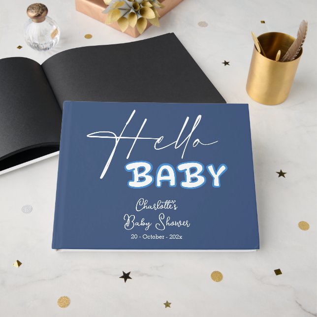 Libro De Visitas Hello Baby Elegant Dark Blue Baby Shower (Anverso Abierto)