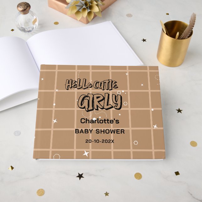 Libro De Visitas Hello Cutie Girly Cute Brown Gingham Baby Shower (Anverso Abierto)