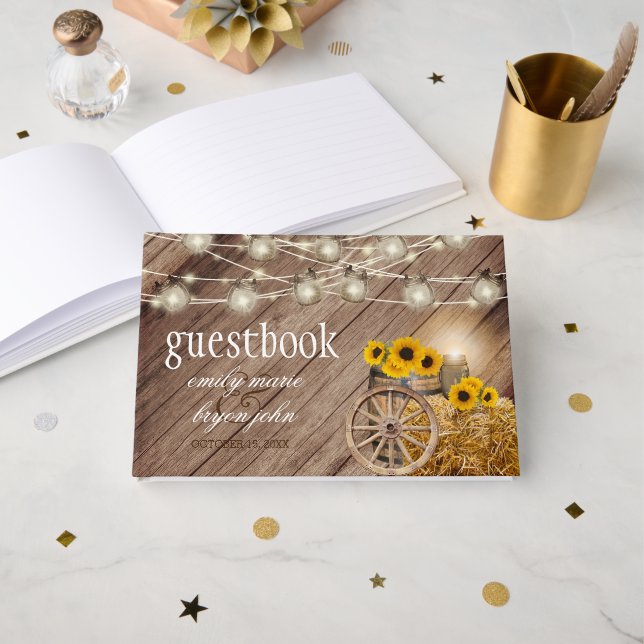 Libro De Visitas Hermosa barrica de madera rústica con girasoles (Anverso Abierto)