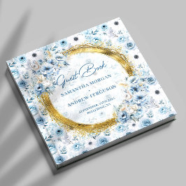 Libro De Visitas Hermosa Boda Purpurina de flores azules claras