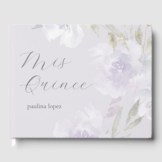 Libro De Visitas Hermosa Floral Púrpura Mis Quince Quinceanera (Anverso)