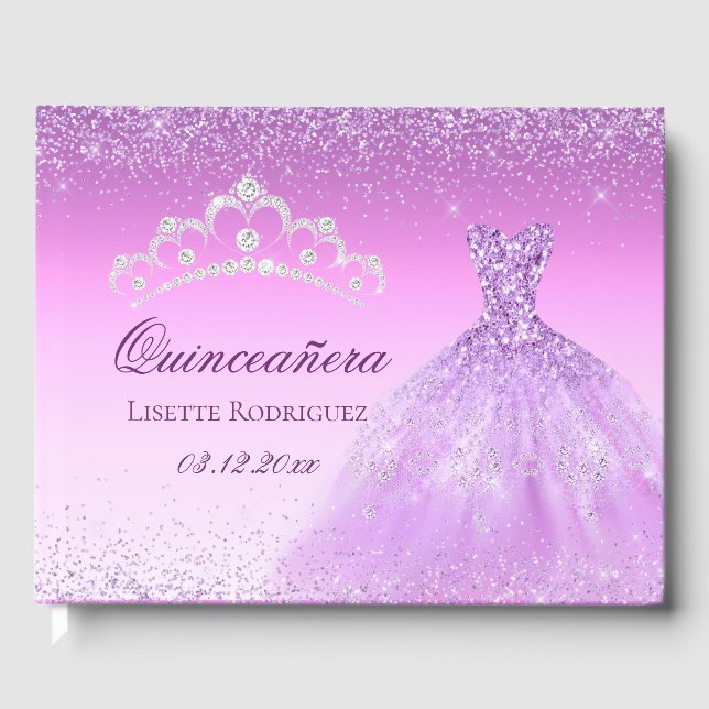 Libro De Visitas Hermosa Personalizado Lilac Purple Quinceanera (Anverso)