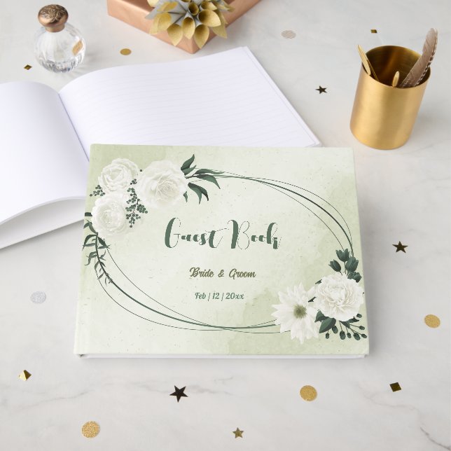 Libro De Visitas Hermosas flores blancas hojas verdes boda (Anverso Abierto)