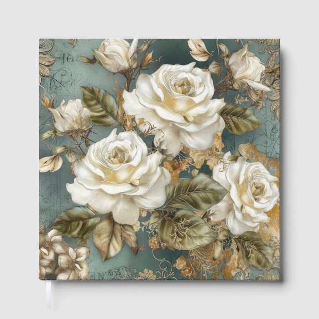 Libro De Visitas Hermosas Rosas Blancas sobre Azul (Anverso)