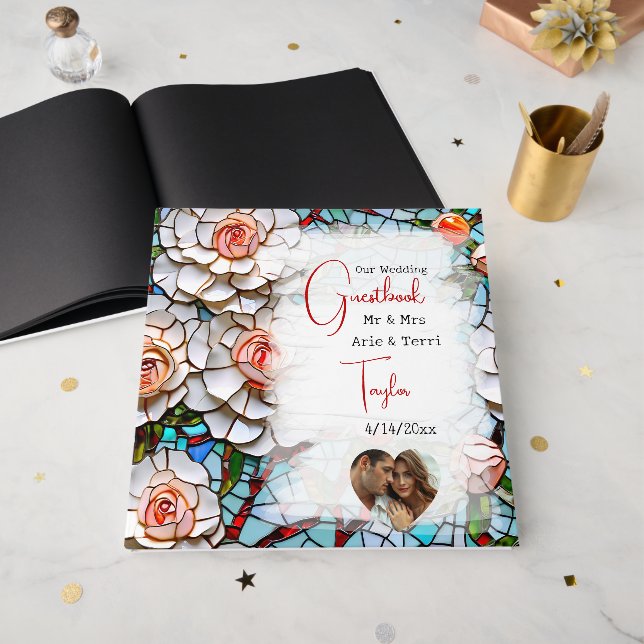 Libro De Visitas Hermoso Boda Mosaico de Vidrio y Tile (Anverso Abierto)