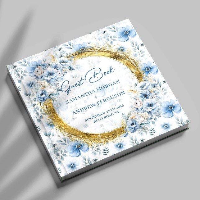 Libro De Visitas Hermoso Pastel Blue Flowers Purpurina Boda (Beautiful Pastel Blue Flowers Gold Glitter Wedding Guest Book)