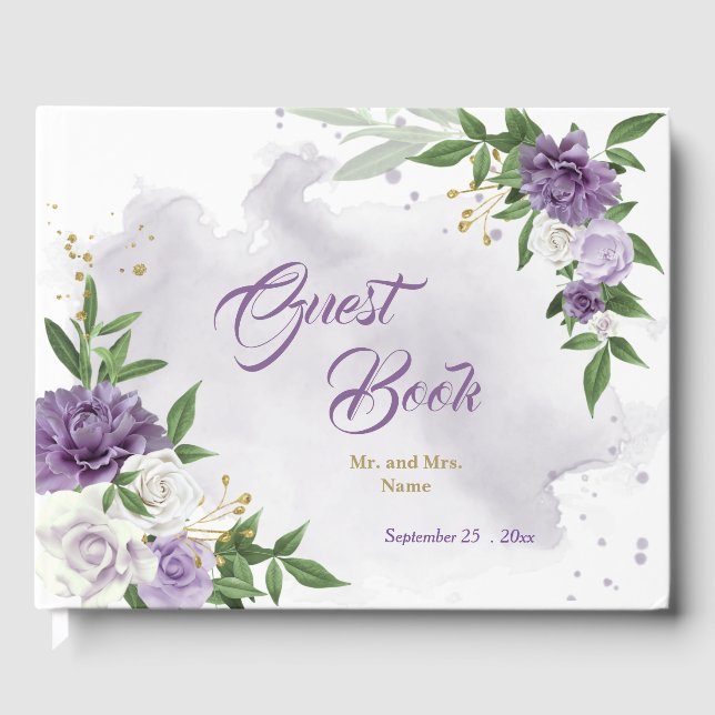 Libro De Visitas hermosos tonos violetas y flores (Anverso)