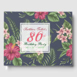 Libro De Visitas Hibiscus 80th Birthday Party Guest Book<br><div class="desc">Diseño clásico y elegante de patrón impecable hecho de flores rojas de Hibiscus y hojas sobre fondo oscuro con 4 etiquetas cuadradas semitransparentes para sus textos. Personalizable libro de invitados para la fiesta de cumpleaños número 80. Puede cambiar fácilmente el texto (fuente, color, tamaño y posición), cambiar la transparencia de...</div>