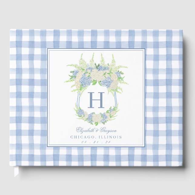 Libro De Visitas Hidrangea azul y blanca Escudo Gingham (Anverso)