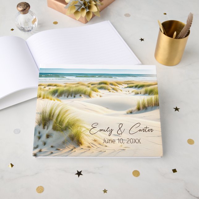 Libro De Visitas Hierba de Duna en Playa para Boda (Anverso Abierto)