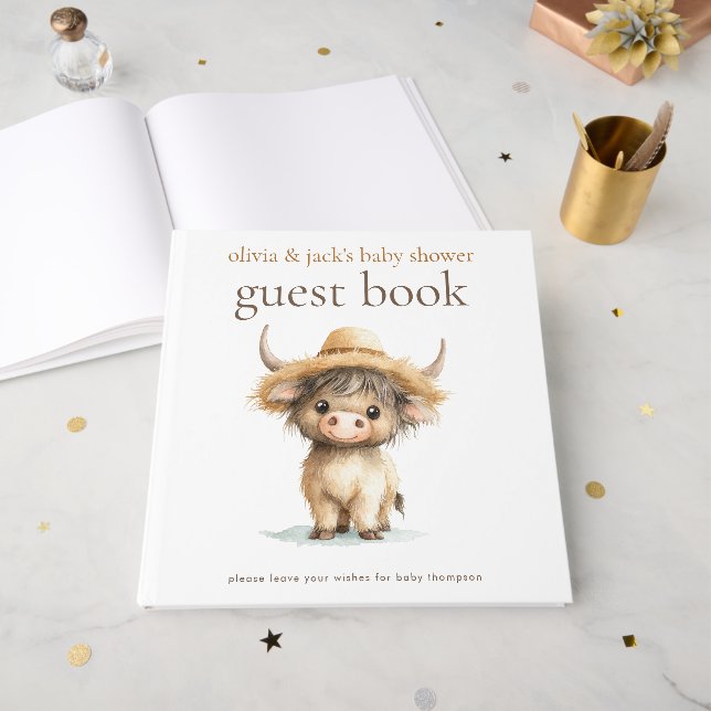 Libro De Visitas Highland Cow Please Rótulo Guest Book Baby Shower (Anverso Abierto)