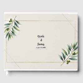 Libro De Visitas Hoja de Olivo Verde Hueso Blanco y Boda Dorada