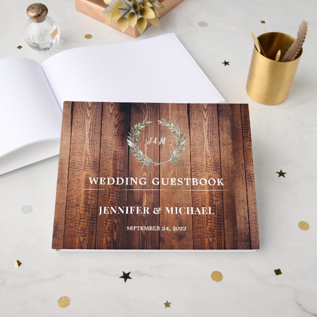 Libro De Visitas Hojas acuarelas en un Boda rústico de madera de gr (Anverso Abierto)