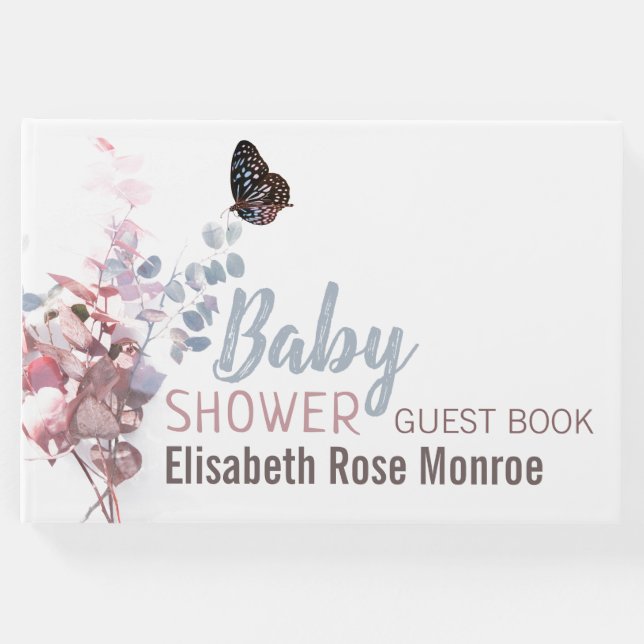 Libro De Visitas Hojas de mariposa, Baby Shower elegante (Anverso)
