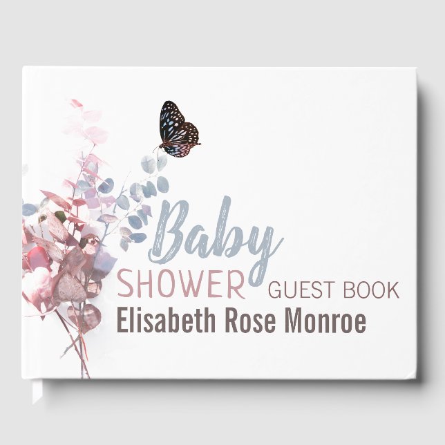 Libro De Visitas Hojas de mariposa, Baby Shower elegante (Anverso)