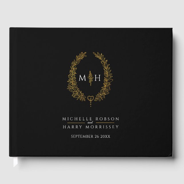 Libro De Visitas Hojas ovaladas monogramo corazón boda blanco negro (Anverso)