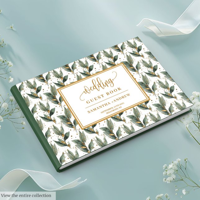 Libro De Visitas Hojas verdes del bosque refinadas bodas de oro (Refined forest green leaves gold wedding wishes guest book)