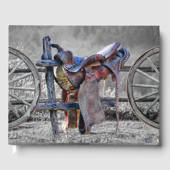 Libro De Visitas Horse Saddle Corral Fence Western Wagon Wheels (Anverso)