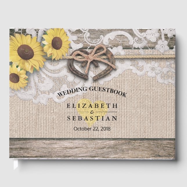 Libro De Visitas Horseshoes Burlap Lace Boda del girasol Guestbook (Anverso)