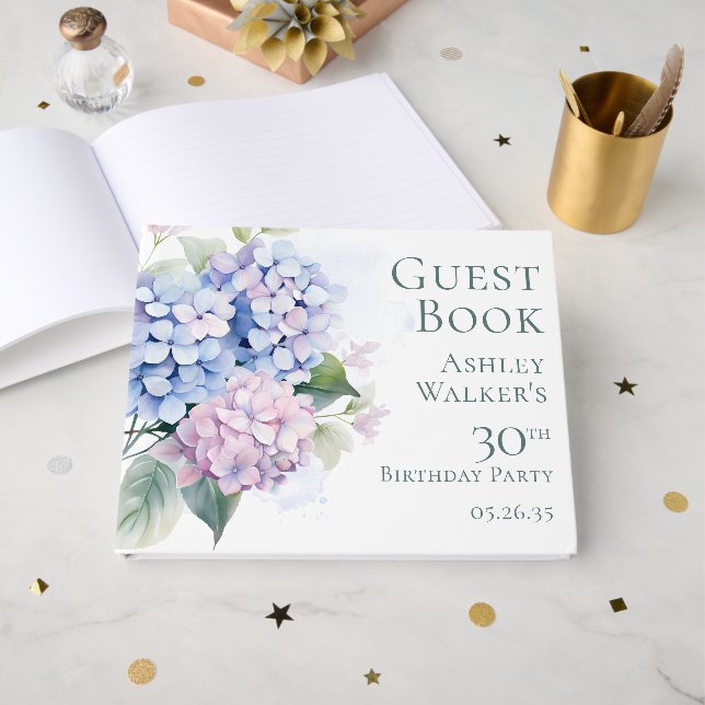 Libro De Visitas Hortensias Azules Rosadas Cumpleaños 30  (Anverso Abierto)